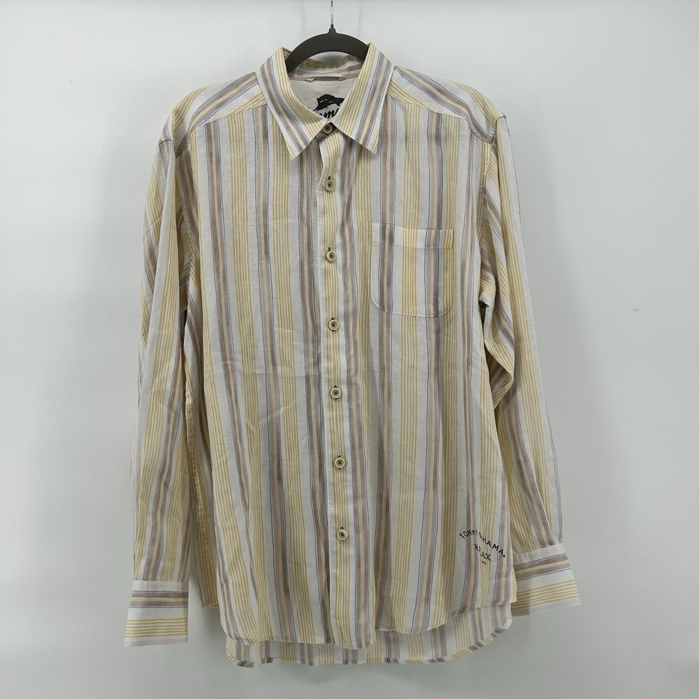 Tommy Bahama Relax Linen Shirt Mens M Yellow Stripe Long Sleeve Resort Coastal